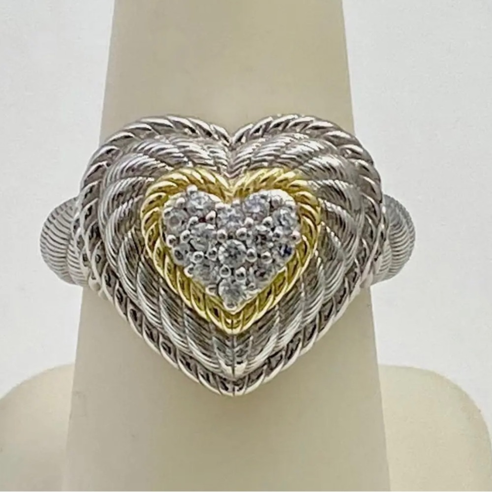 ❤️❤️ Judith Ripka 925 Sterling Silver Pave' Cz Heart Gold Accent Ring Size 8